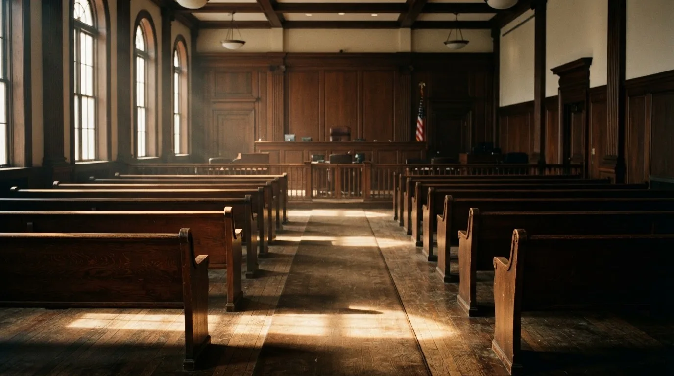 An empty courtroom with wooden benches in morning light