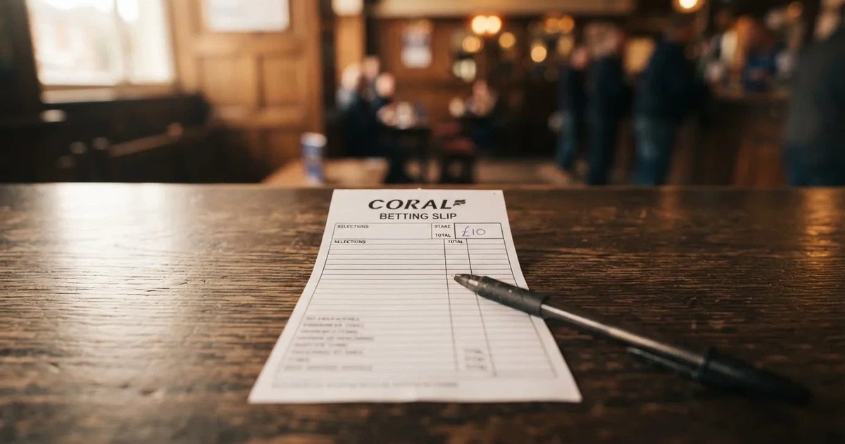A blank paper betting slip beside a pen on a wooden counter