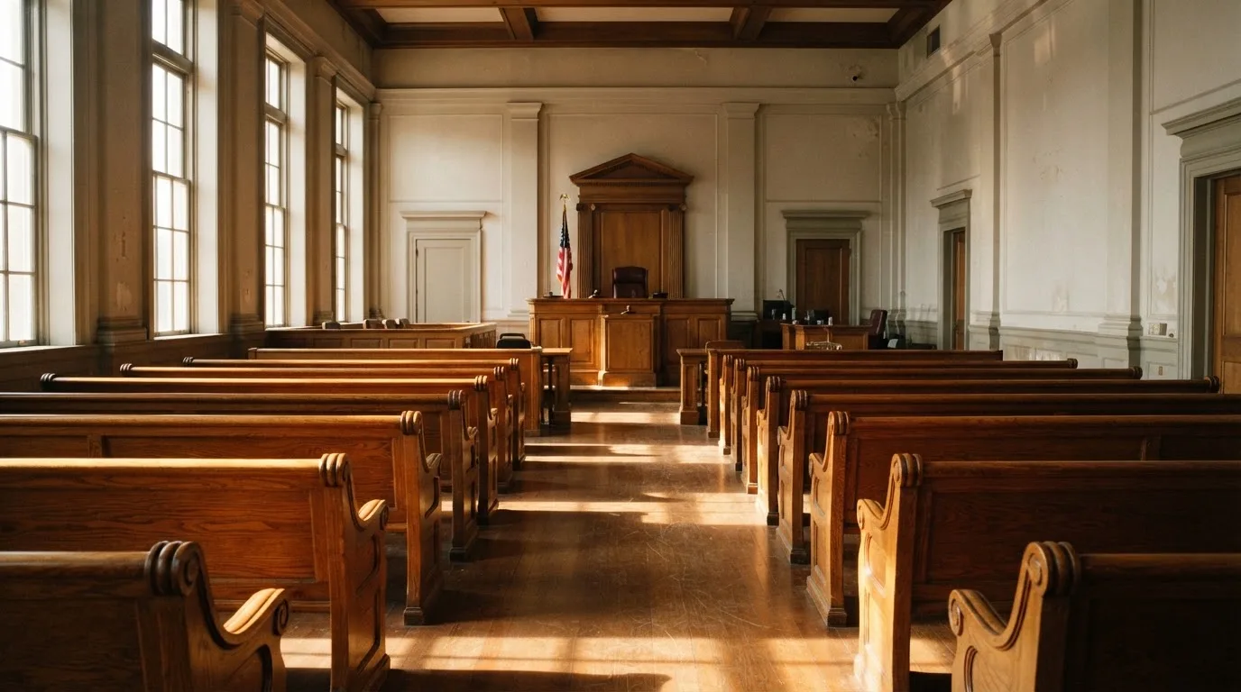 An empty courtroom with wooden benches in morning light