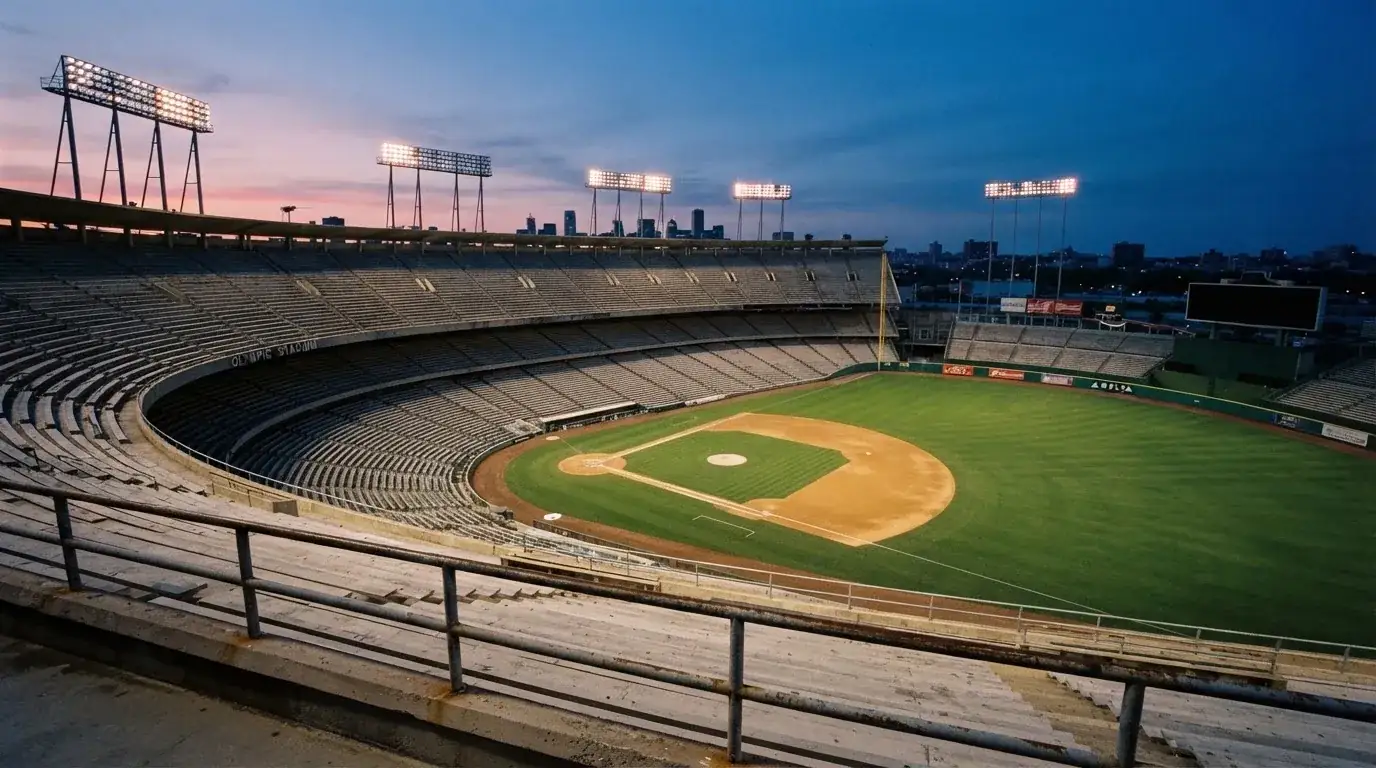 An empty football stadium with floodlight masts at dusk