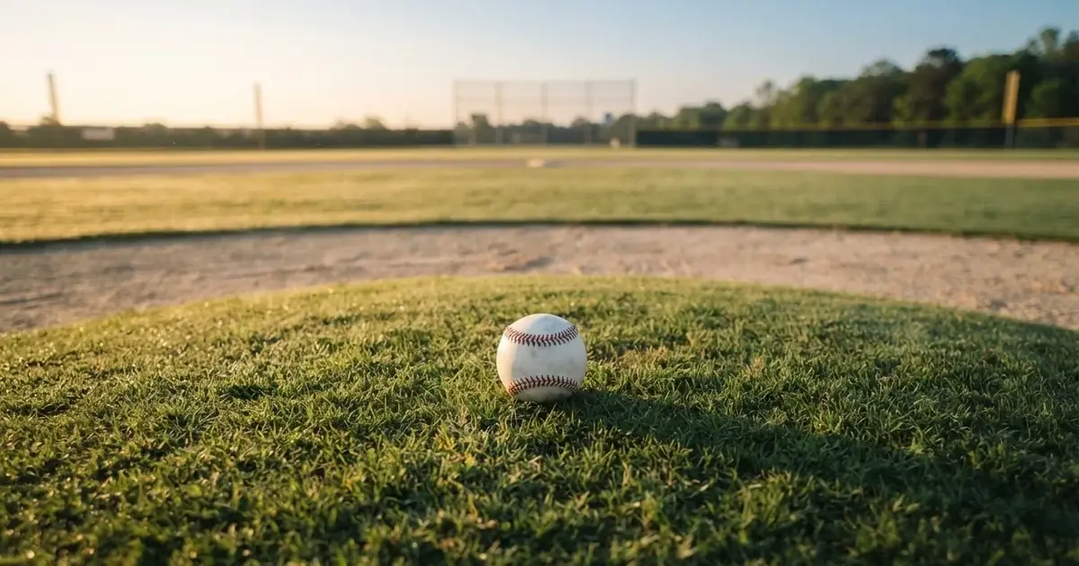 A ball on the centre spot of a grass pitch in morning light