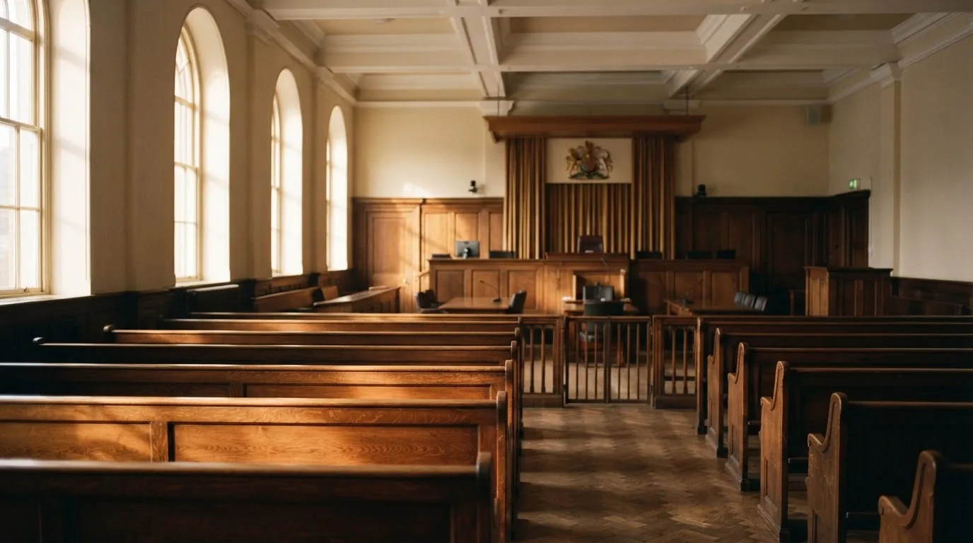 An empty courtroom with wooden benches in morning light