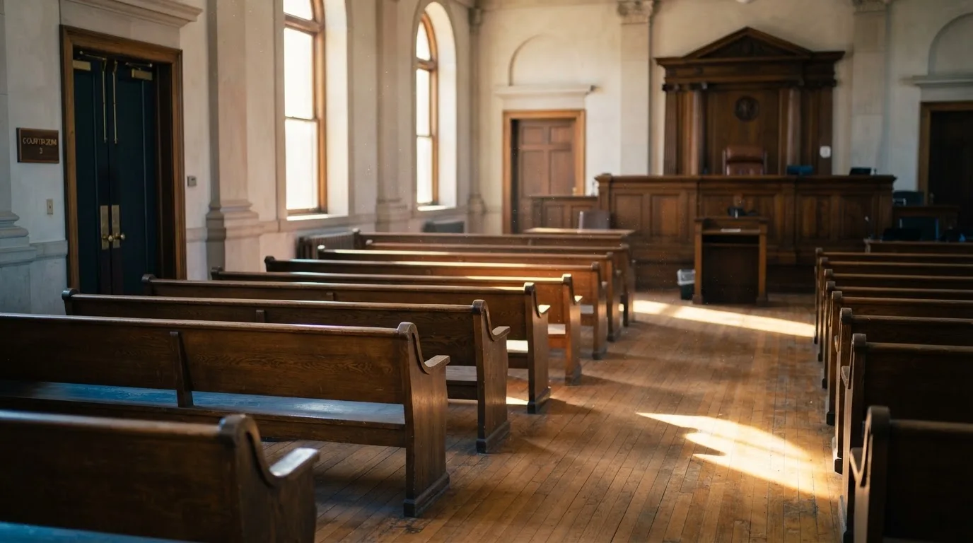 An empty courtroom with wooden benches in morning light