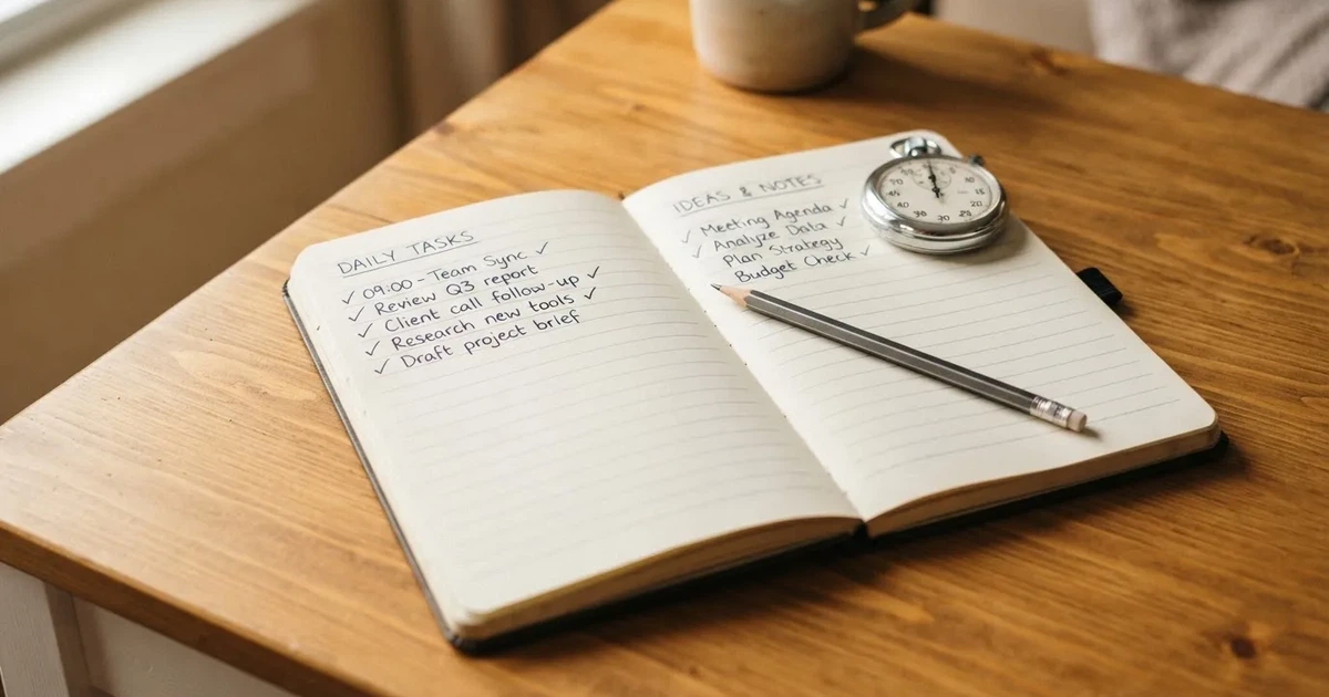 An open notebook with a pencil and a stopwatch on a wooden table