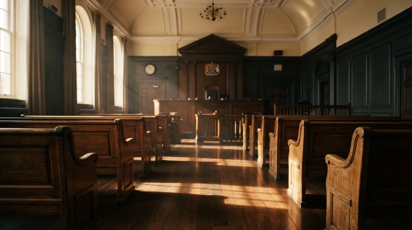 An empty courtroom with wooden benches in morning light