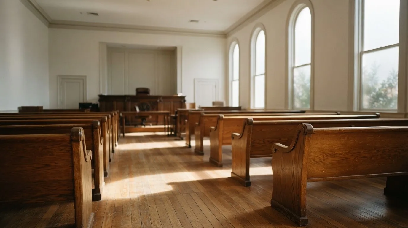 An empty courtroom with wooden benches in morning light