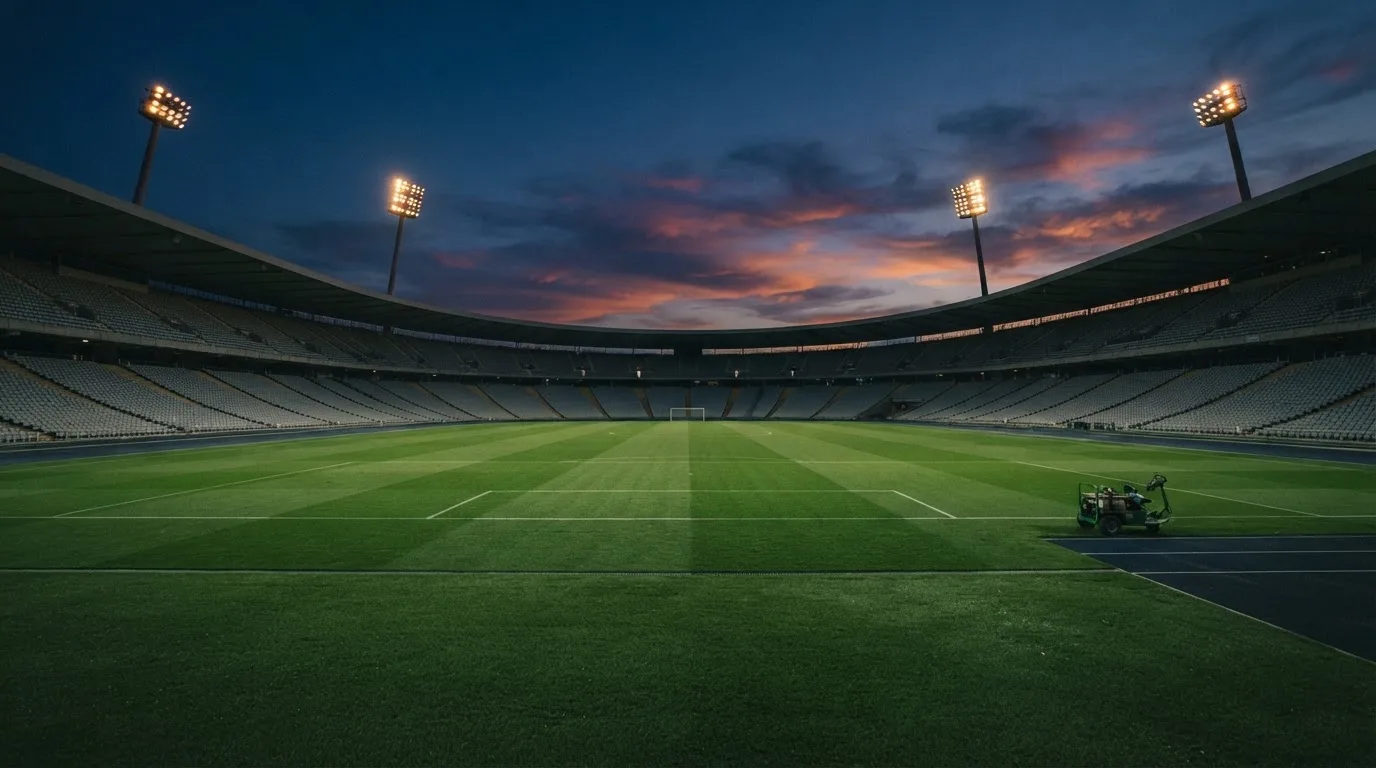 An empty football stadium with floodlight masts at dusk