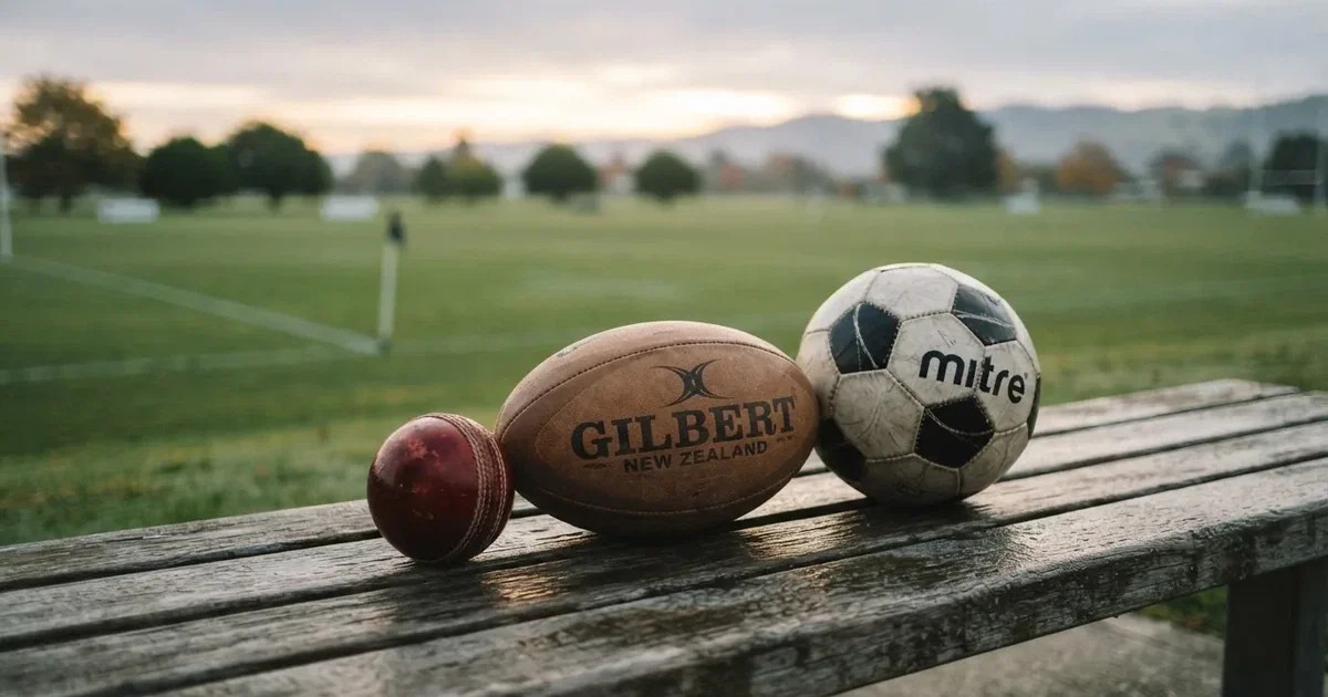 Three balls of different kinds side by side on a wooden bench