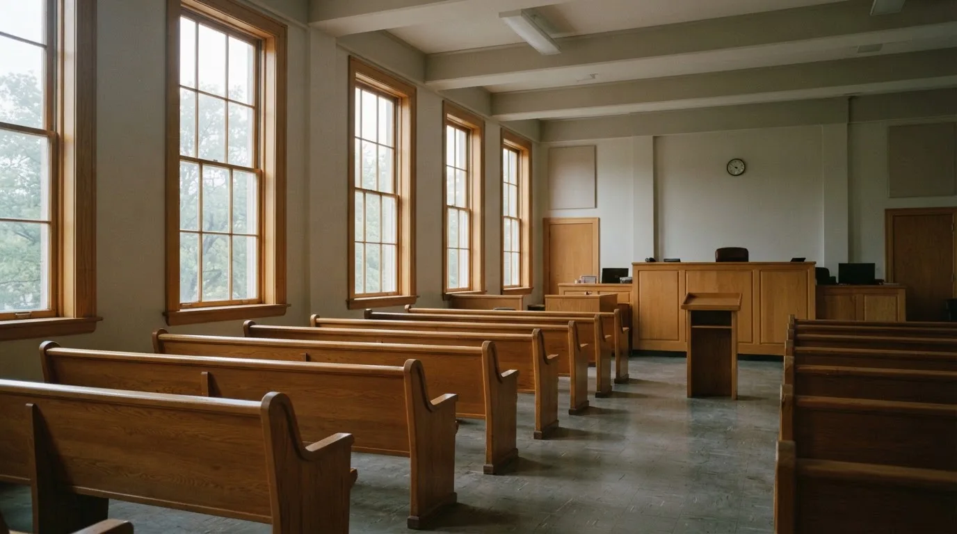 An empty courtroom with wooden benches in morning light