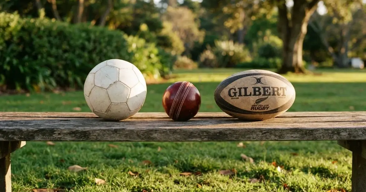 Three balls of different kinds side by side on a wooden bench