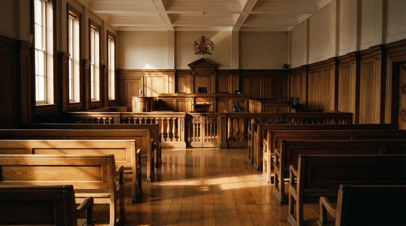 An empty courtroom with wooden benches in morning light