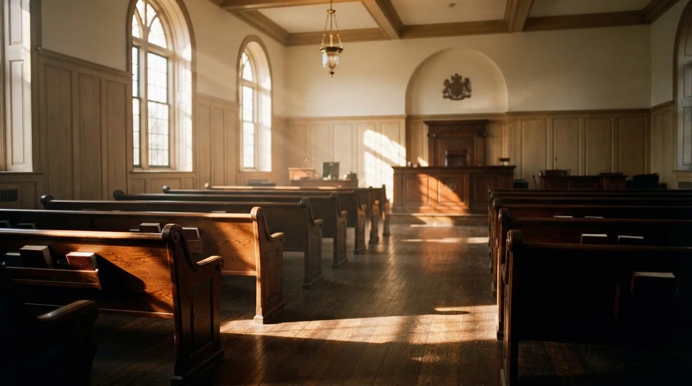 An empty courtroom with wooden benches in morning light