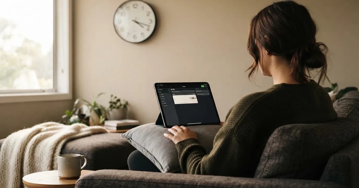 A person on a sofa looking thoughtfully at a tablet, a wall clock in the background