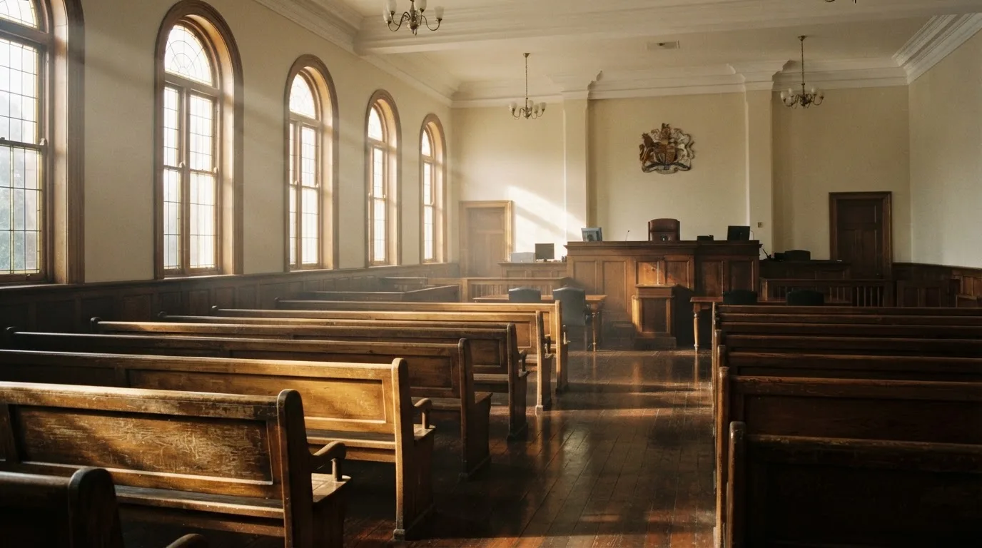 An empty courtroom with wooden benches in morning light