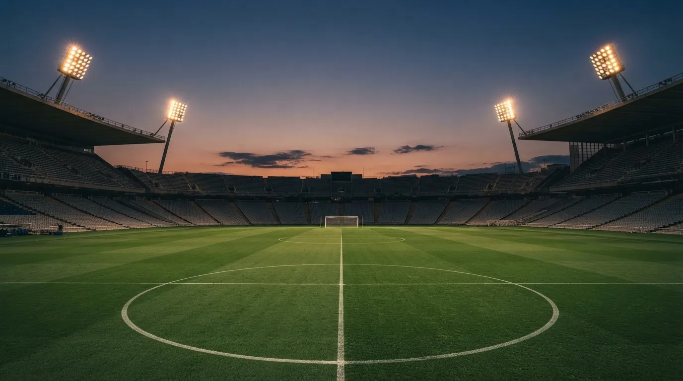 An empty football stadium with floodlight masts at dusk