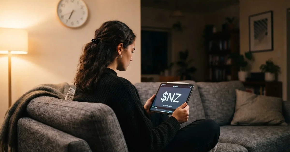 A person on a sofa looking thoughtfully at a tablet, a wall clock in the background