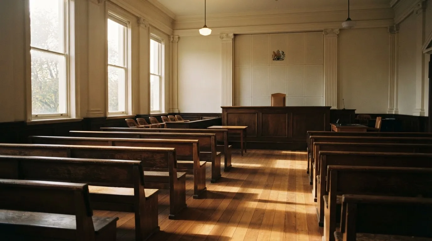 An empty courtroom with wooden benches in morning light