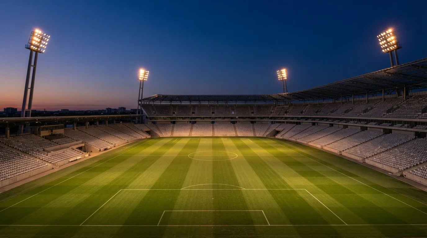 An empty football stadium with floodlight masts at dusk