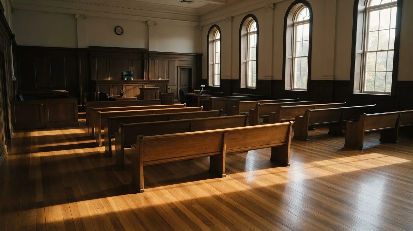 An empty courtroom with wooden benches in morning light