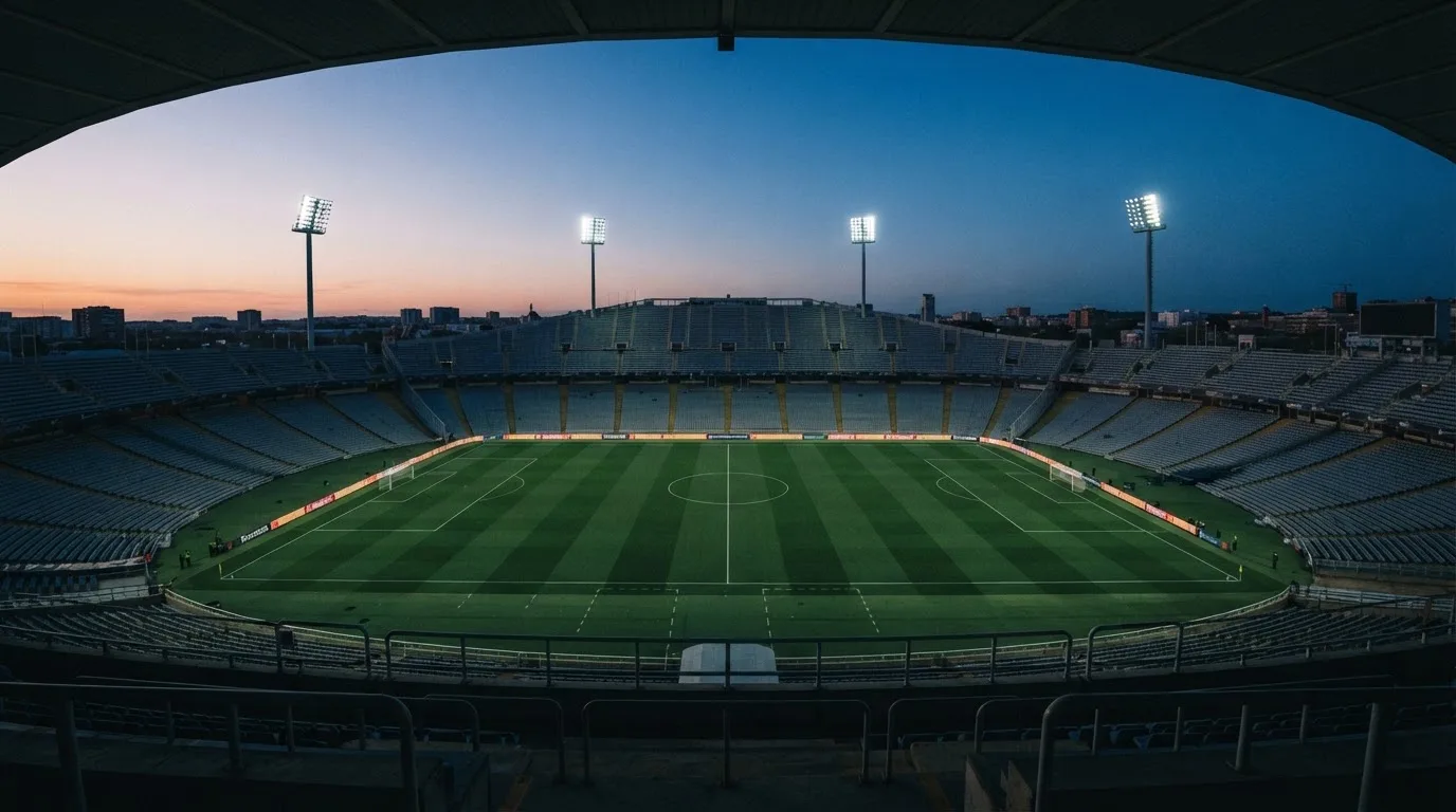 An empty football stadium with floodlight masts at dusk