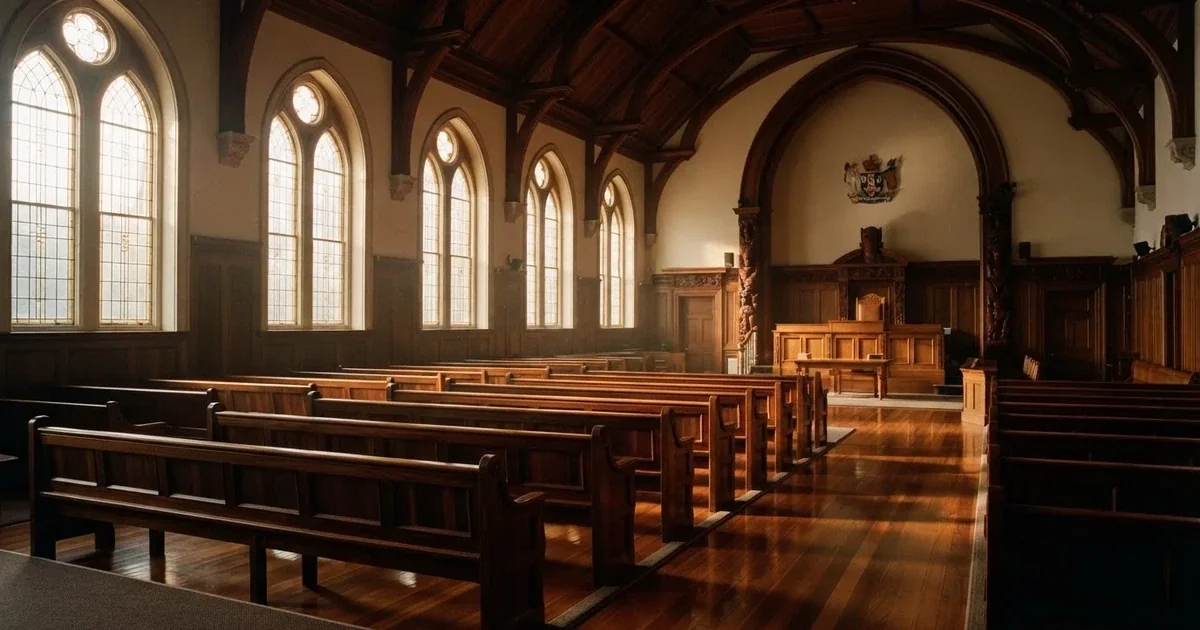 An empty courtroom with wooden benches in morning light