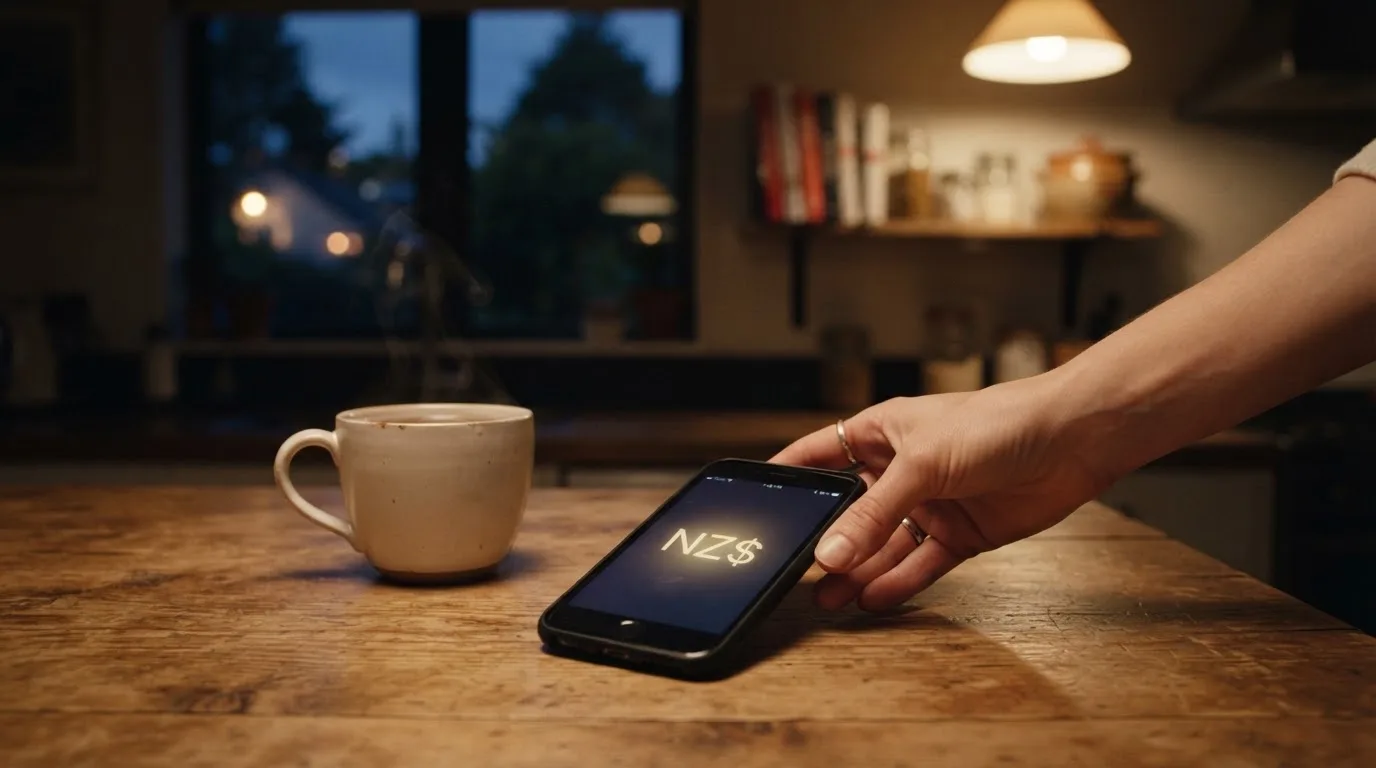 A hand setting a smartphone down beside a cup of tea on a kitchen table on a quiet evening
