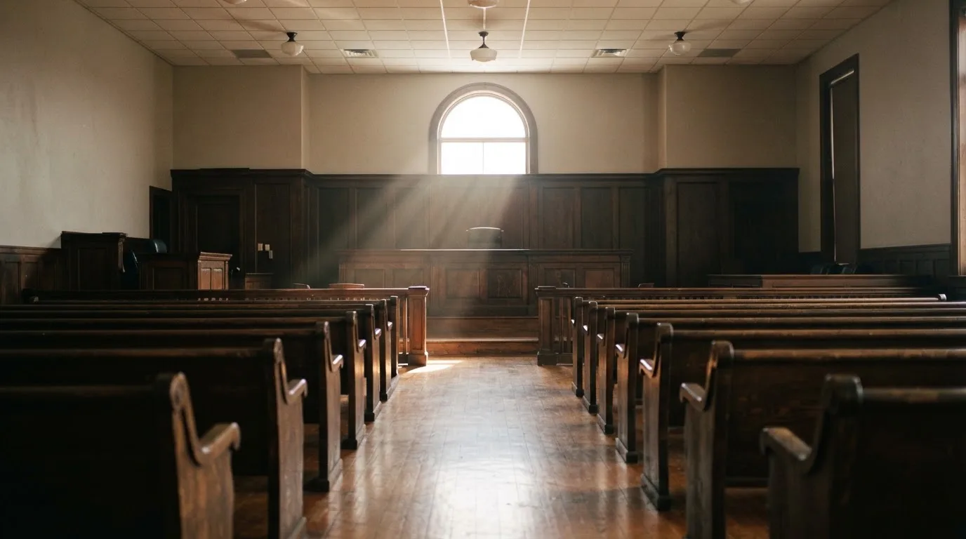 An empty courtroom with wooden benches in morning light