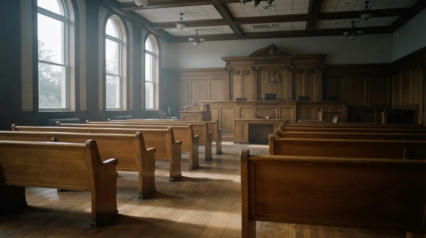 An empty courtroom with wooden benches in morning light