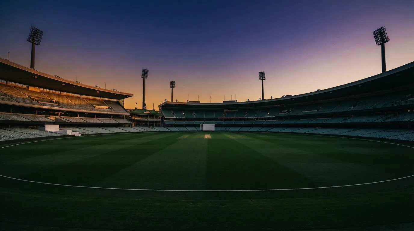 An empty football stadium with floodlight masts at dusk