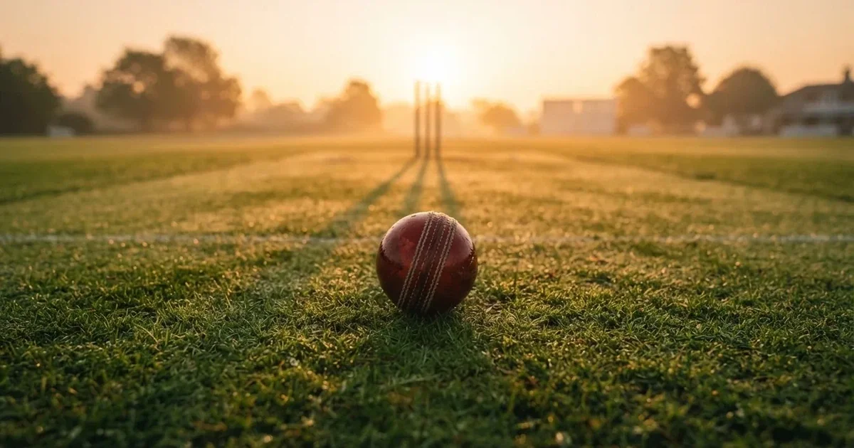 A ball on the centre spot of a grass pitch in morning light