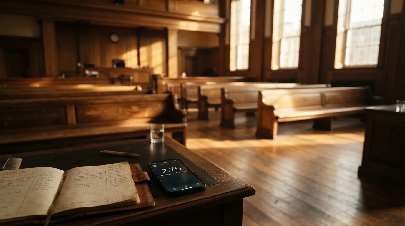 An empty courtroom with wooden benches in morning light