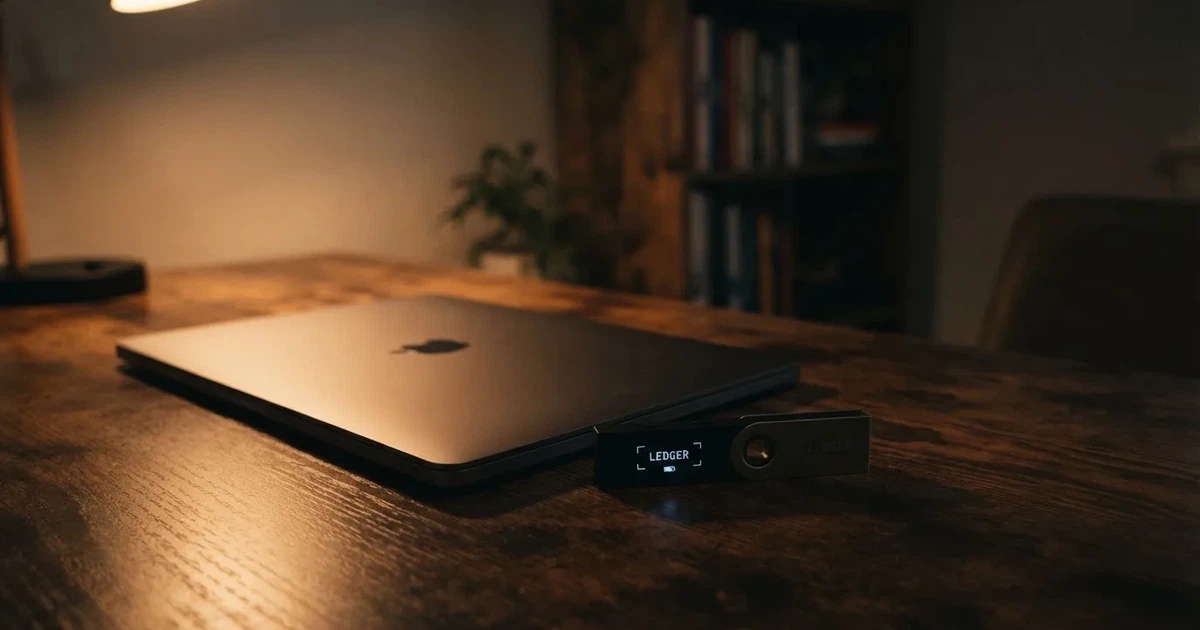 A hardware wallet and a closed laptop on a desk in dim light