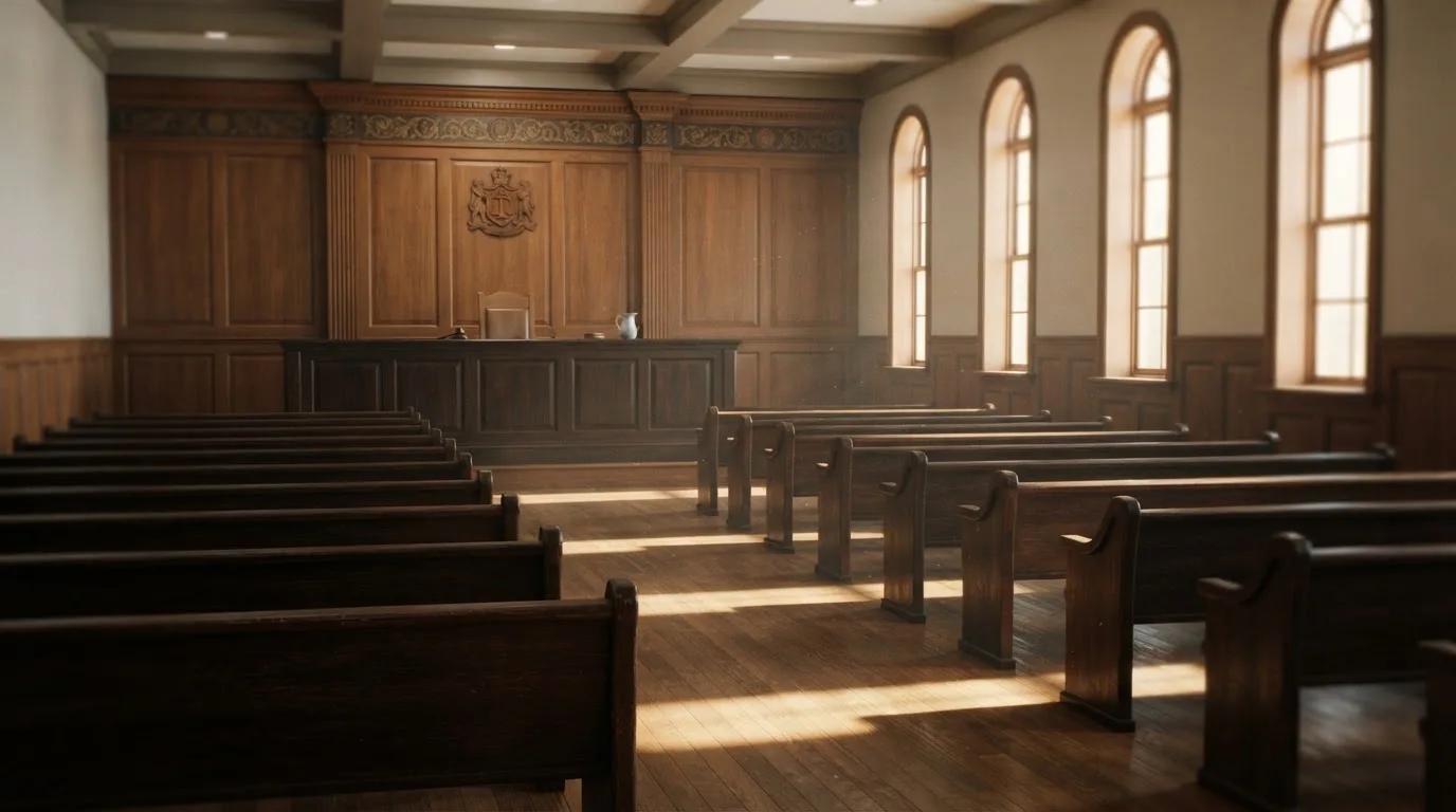 An empty courtroom with wooden benches in morning light