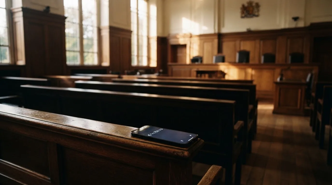 An empty courtroom with wooden benches in morning light