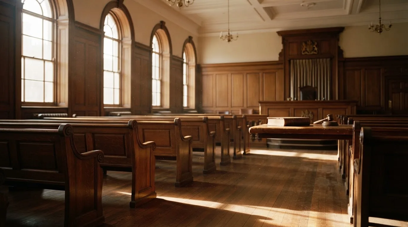 An empty courtroom with wooden benches in morning light