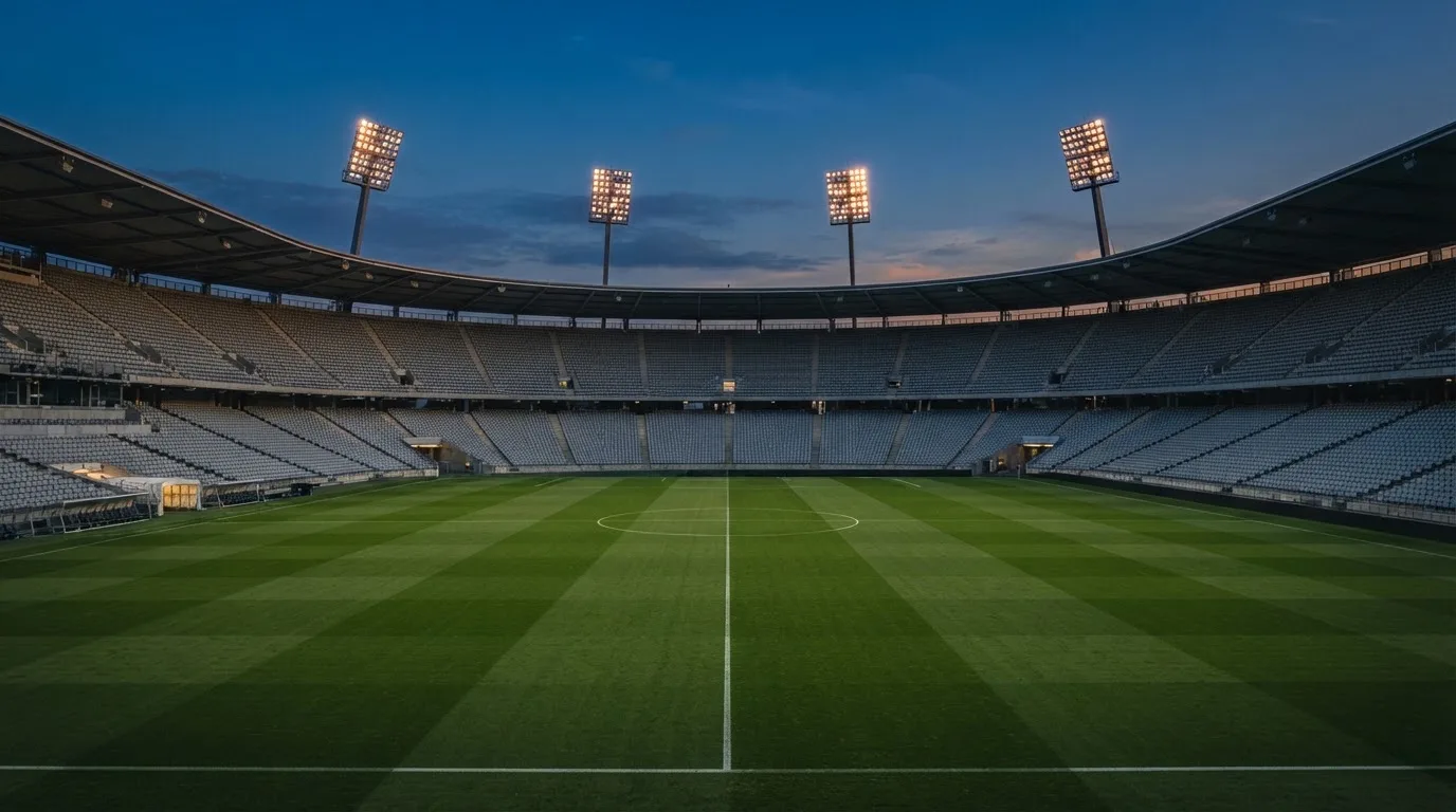 An empty football stadium with floodlight masts at dusk
