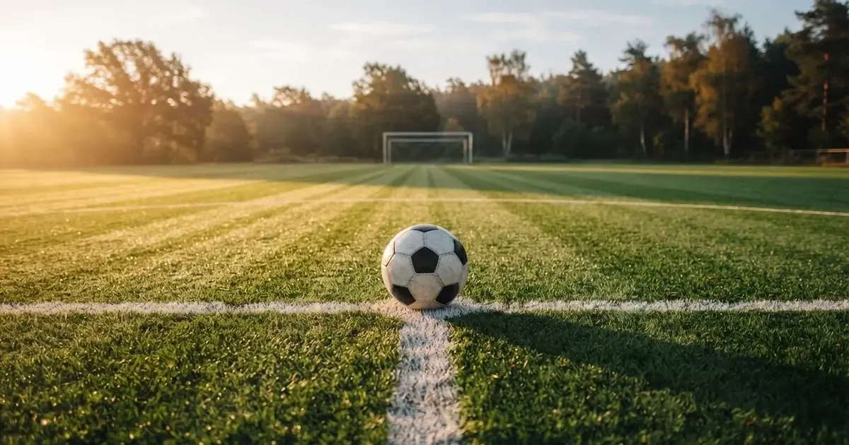 A ball on the centre spot of a grass pitch in morning light