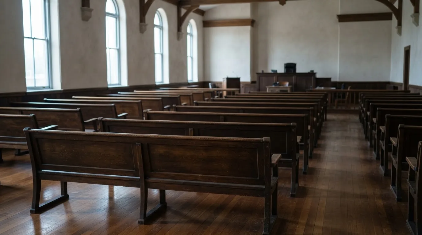 An empty courtroom with wooden benches in morning light
