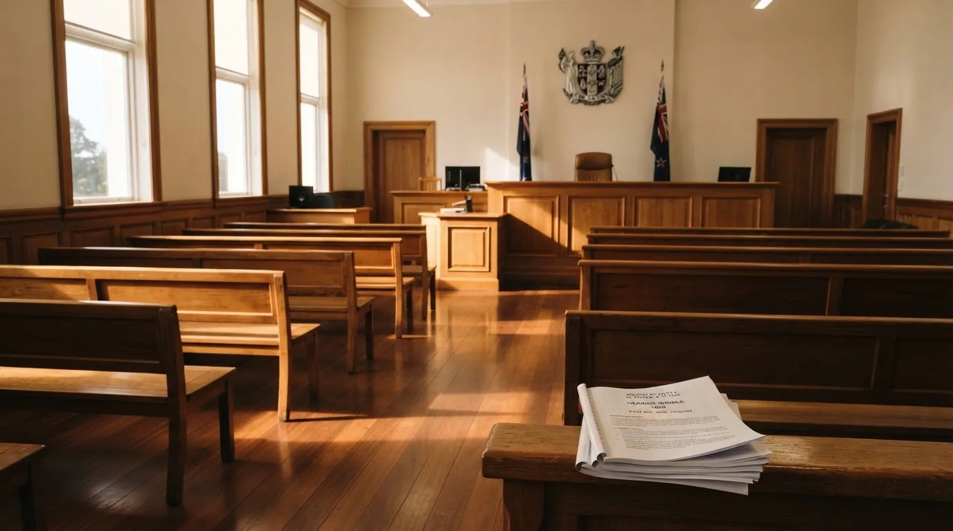 An empty courtroom with wooden benches in morning light