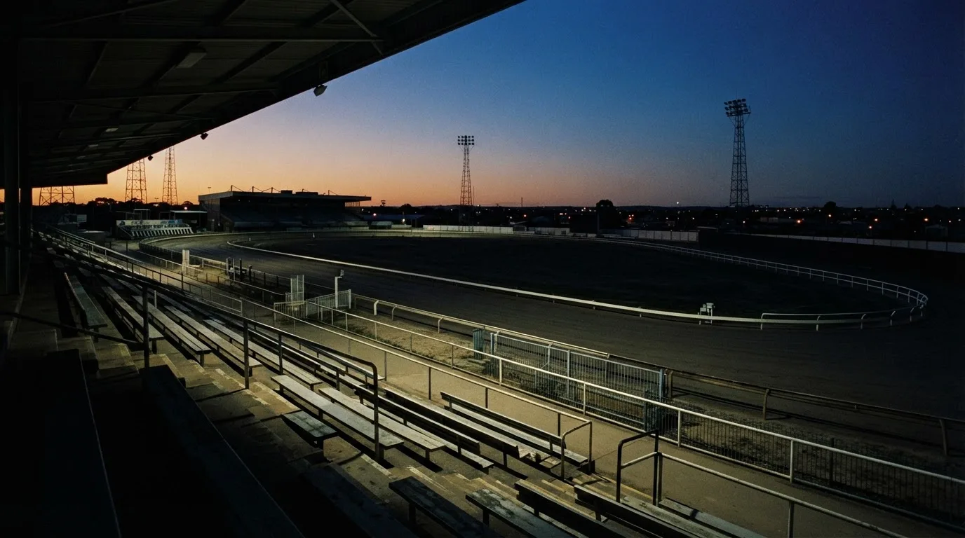 An empty football stadium with floodlight masts at dusk