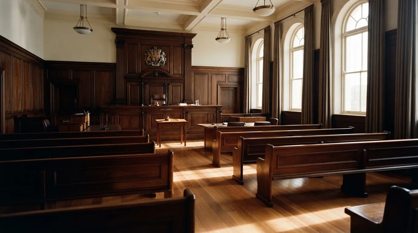 An empty courtroom with wooden benches in morning light