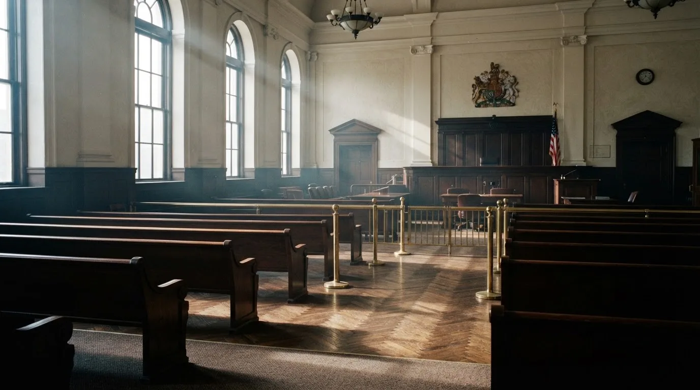 An empty courtroom with wooden benches in morning light