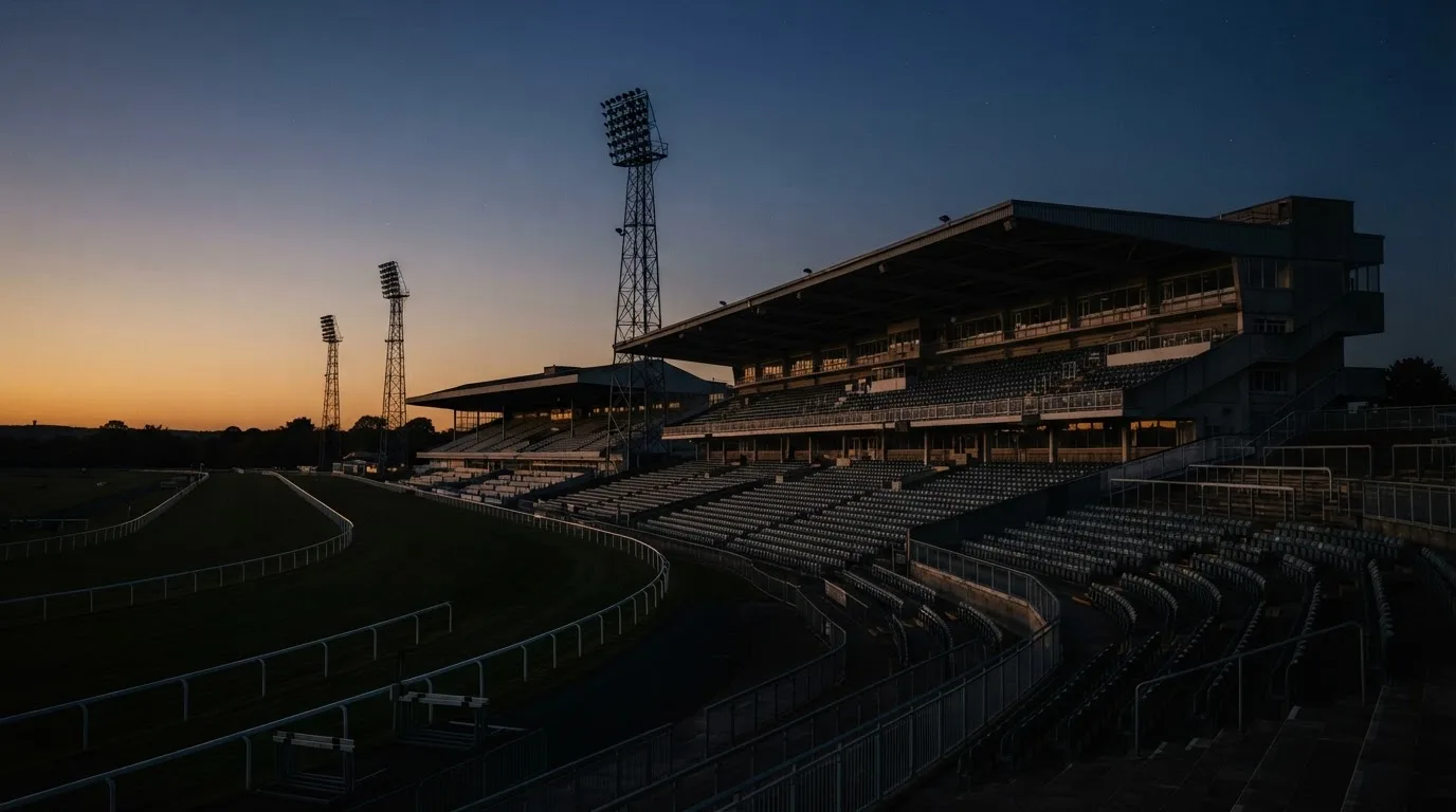 An empty football stadium with floodlight masts at dusk