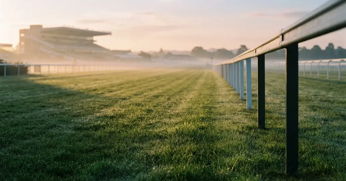 A ball on the centre spot of a grass pitch in morning light