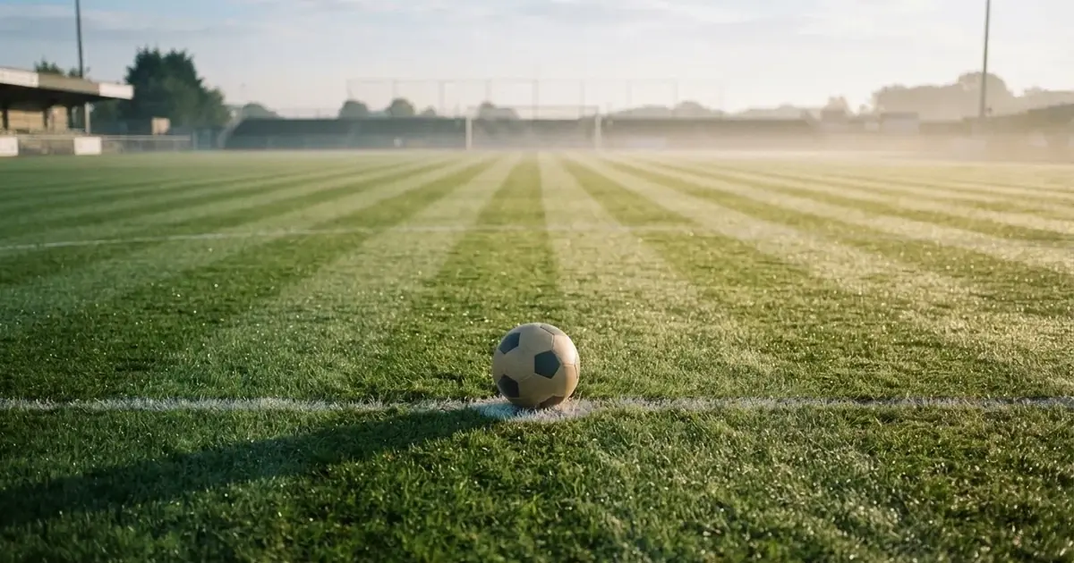 A ball on the centre spot of a grass pitch in morning light