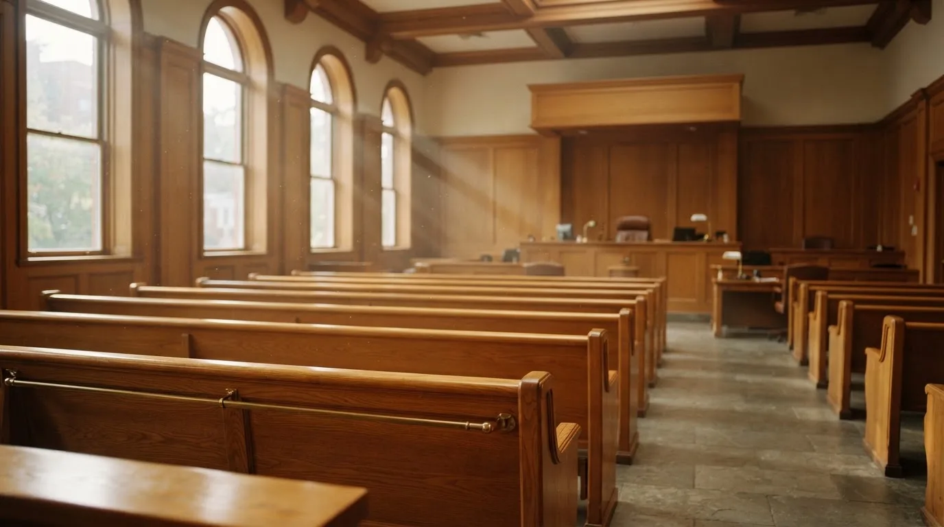 An empty courtroom with wooden benches in morning light