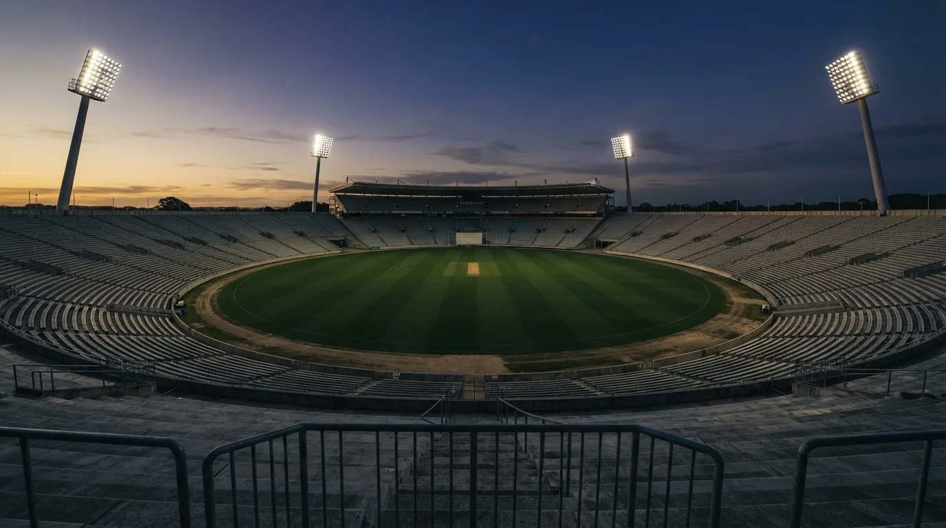 An empty football stadium with floodlight masts at dusk