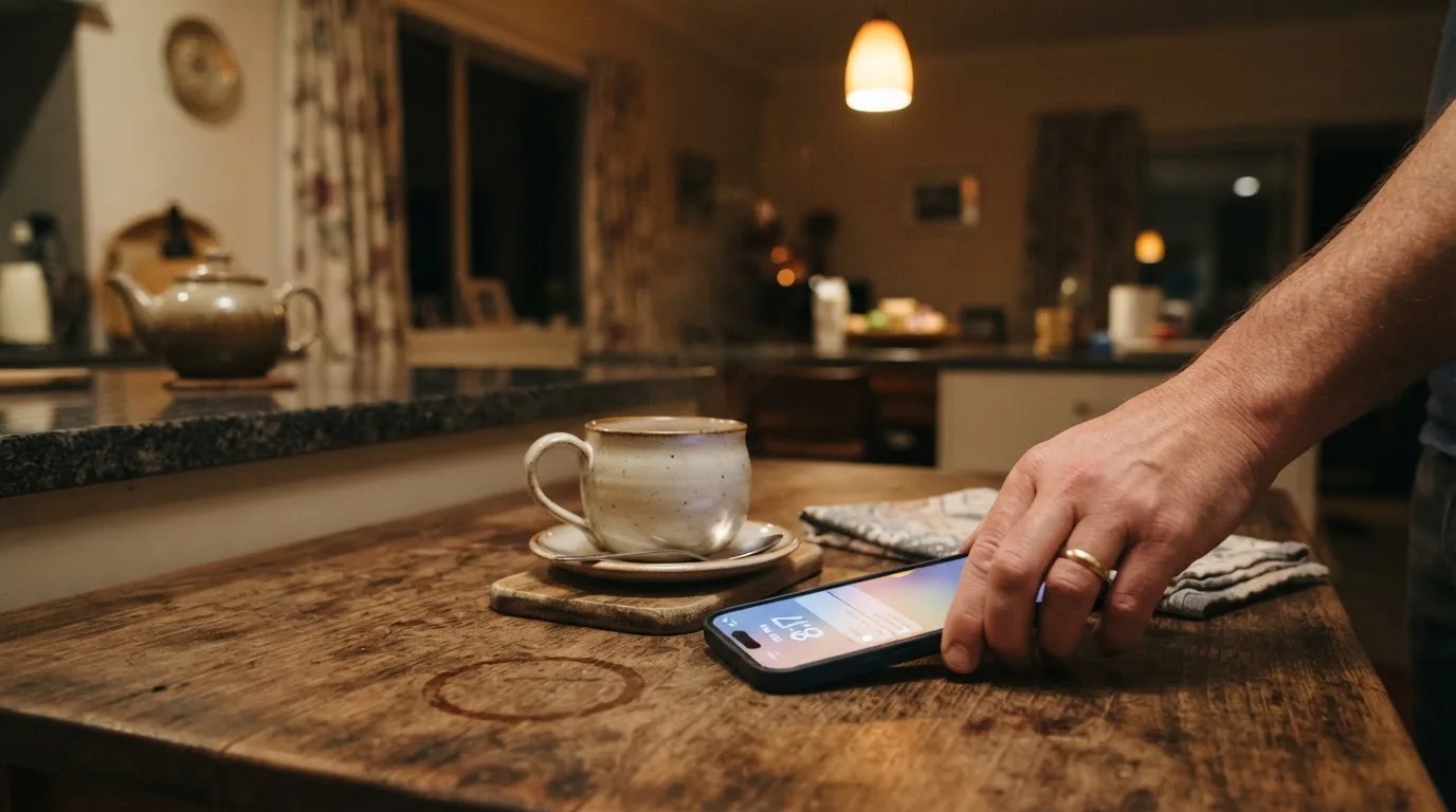 A hand setting a smartphone down beside a cup of tea on a kitchen table on a quiet evening