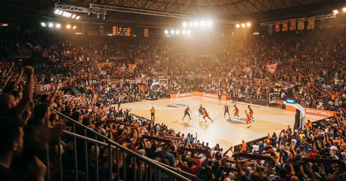 A packed sports hall under floodlights photographed from a long way off