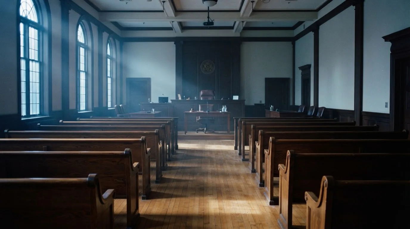 An empty courtroom with wooden benches in morning light
